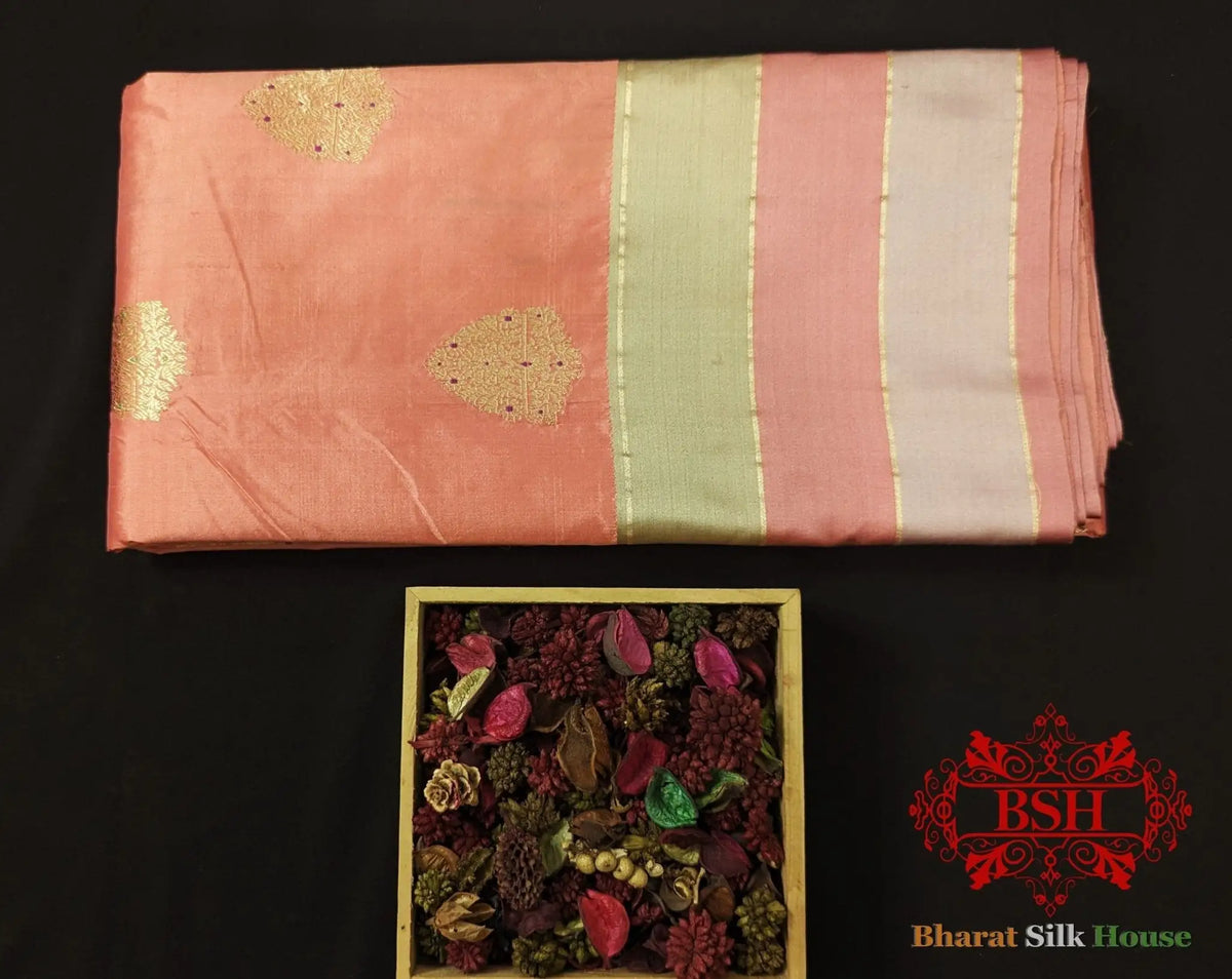 Pure Banarasi Handloom Katan Silk Meenakari Antique Zari Saree In Shades Of Peach - Bharat Silk House Pure Kataan Silk