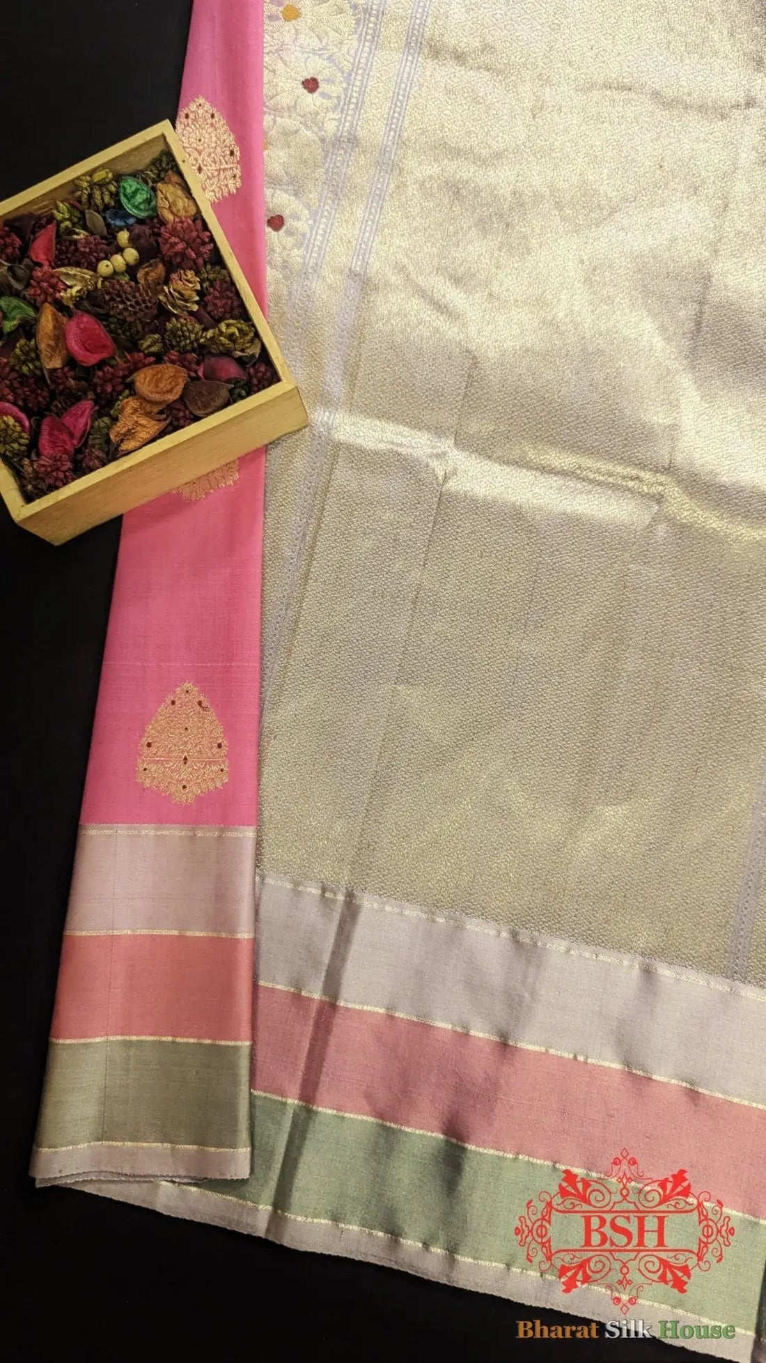 Pure Banarasi Handloom Katan Silk Meenakari Antique Zari Saree In Shades Of Pink - Bharat Silk House Pure Kataan Silk