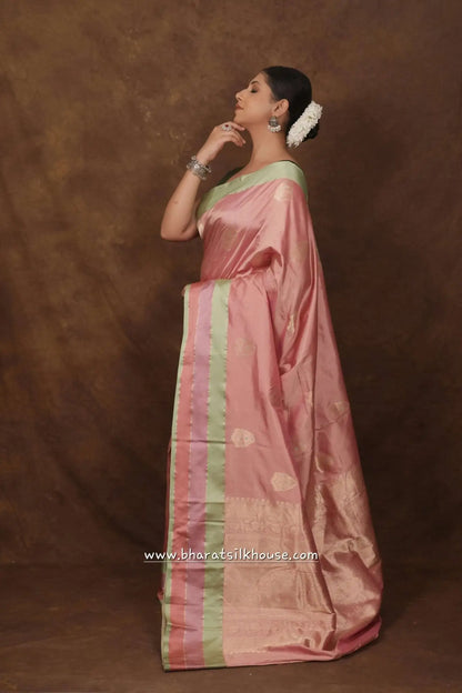 Pure Banarasi Handloom Katan Silk Meenakari Antique Zari Saree In Shades Of Pink - Bharat Silk House Pure Kataan Silk
