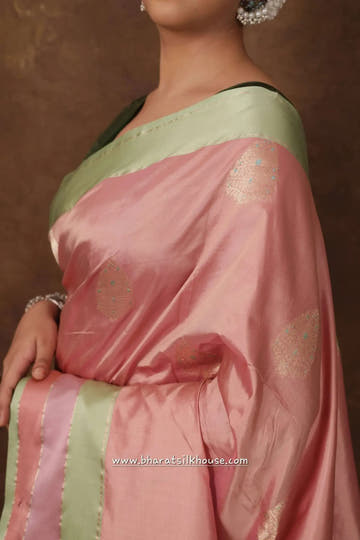 Pure Banarasi Handloom Katan Silk Meenakari Antique Zari Saree In Shades Of Pink - Bharat Silk House Pure Kataan Silk