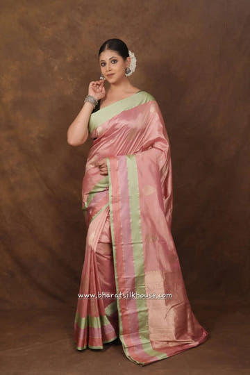 Pure Banarasi Handloom Katan Silk Meenakari Antique Zari Saree In Shades Of Pink - Bharat Silk House Pure Kataan Silk