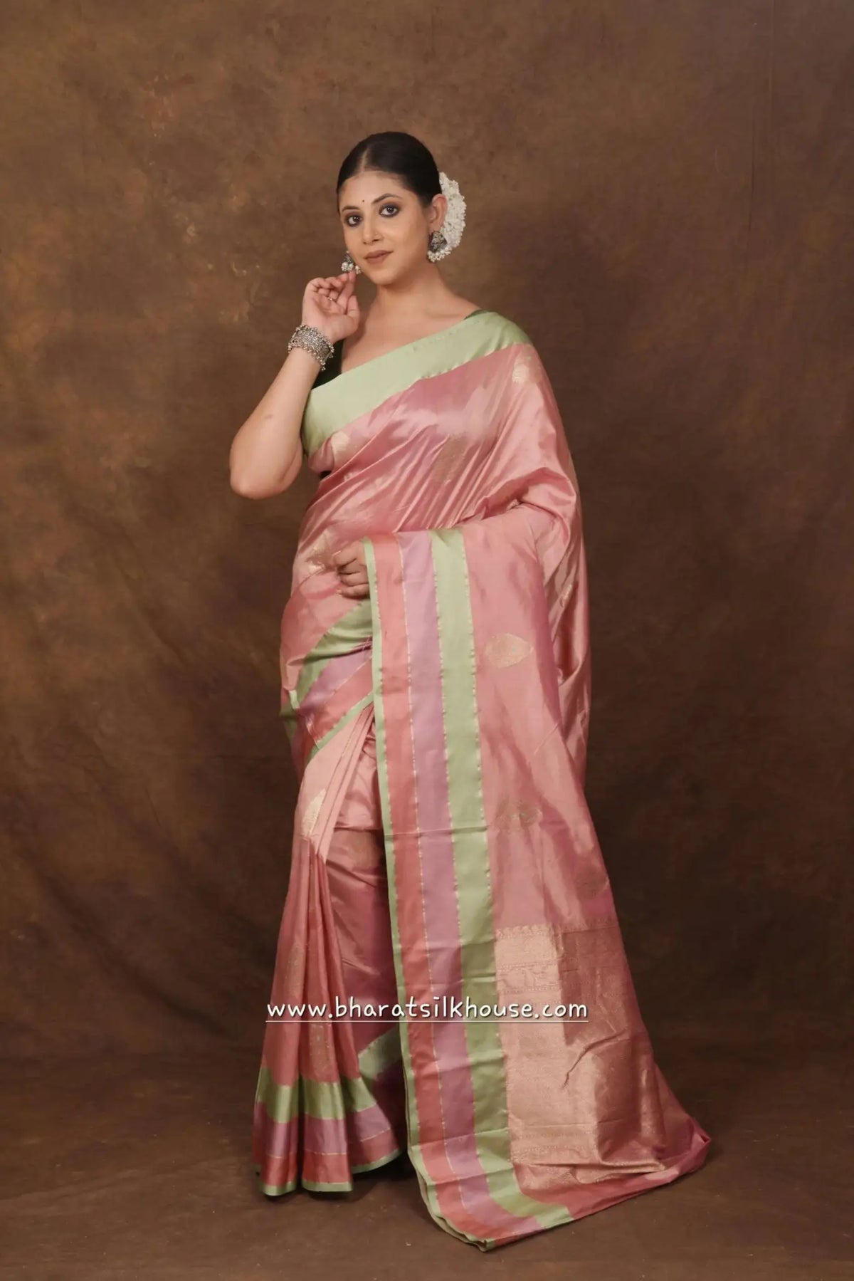 Pure Banarasi Handloom Katan Silk Meenakari Antique Zari Saree In Shades Of Pink - Bharat Silk House Pure Kataan Silk
