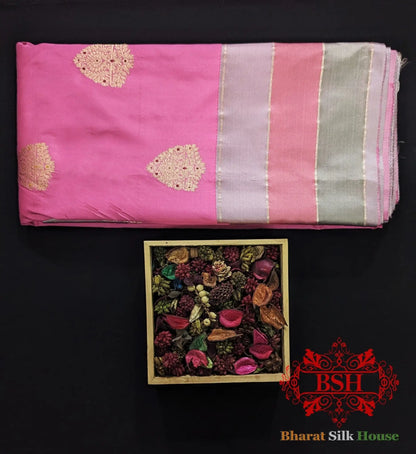 Pure Banarasi Handloom Katan Silk Meenakari Antique Zari Saree In Shades Of Pink - Bharat Silk House Pure Kataan Silk