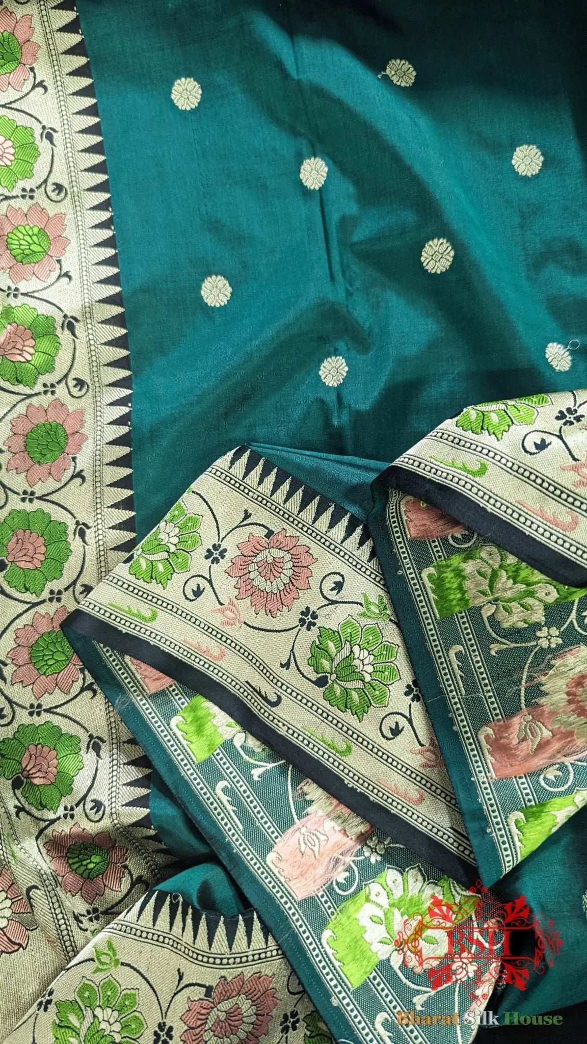 Pure Banarasi Handloom Katan Silk Meenakari Antique Zari Saree In Shades Of Rama - Bharat Silk House Pure Kataan Silk