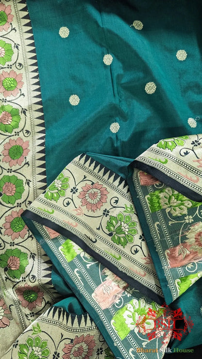 Pure Banarasi Handloom Katan Silk Meenakari Antique Zari Saree In Shades Of Rama - Bharat Silk House Pure Kataan Silk