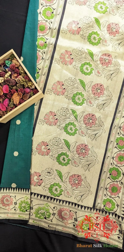Pure Banarasi Handloom Katan Silk Meenakari Antique Zari Saree In Shades Of Rama - Bharat Silk House Pure Kataan Silk