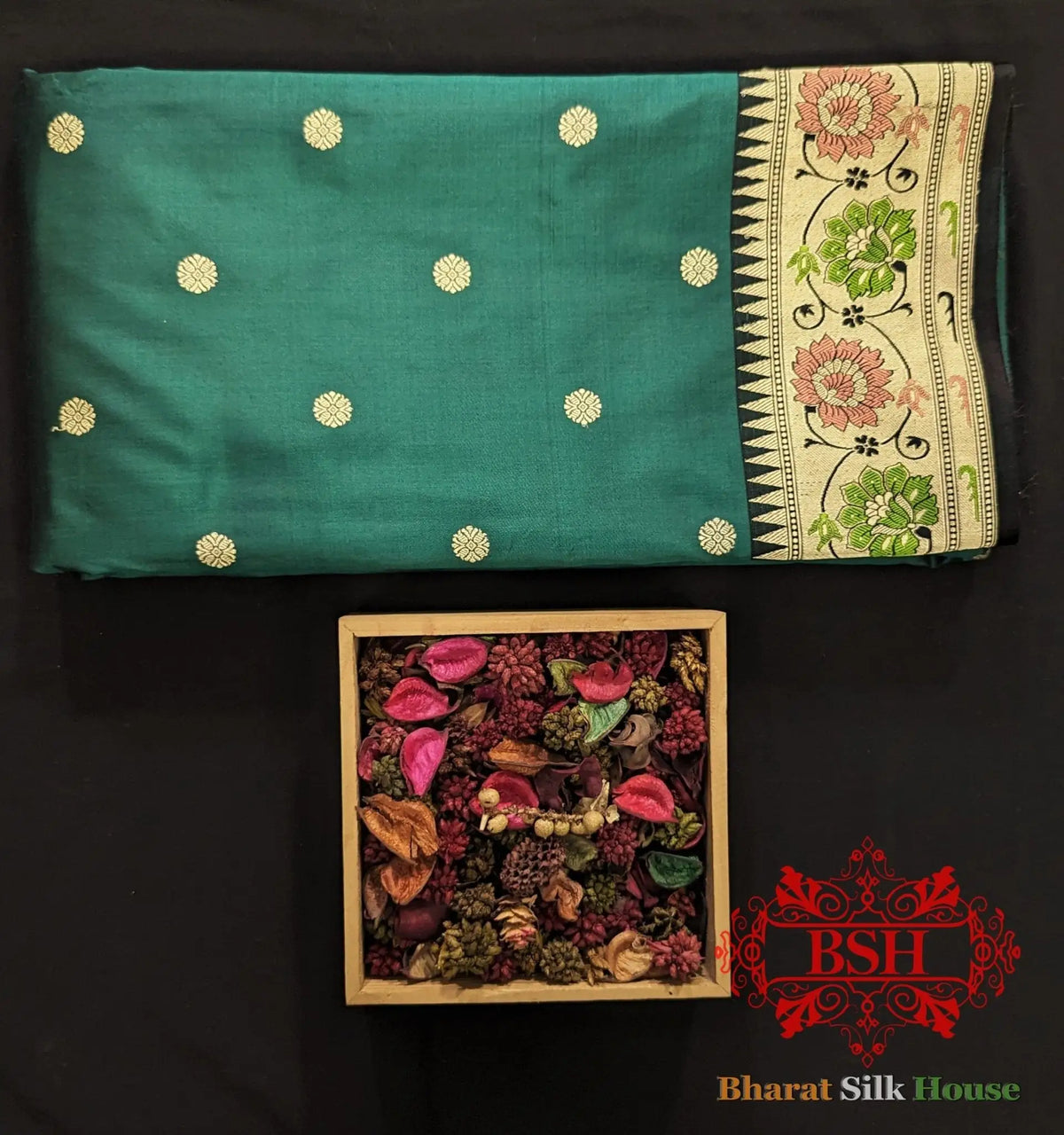 Pure Banarasi Handloom Katan Silk Meenakari Antique Zari Saree In Shades Of Rama - Bharat Silk House Pure Kataan Silk