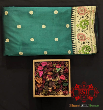 Pure Banarasi Handloom Katan Silk Meenakari Antique Zari Saree In Shades Of Rama - Bharat Silk House Pure Kataan Silk