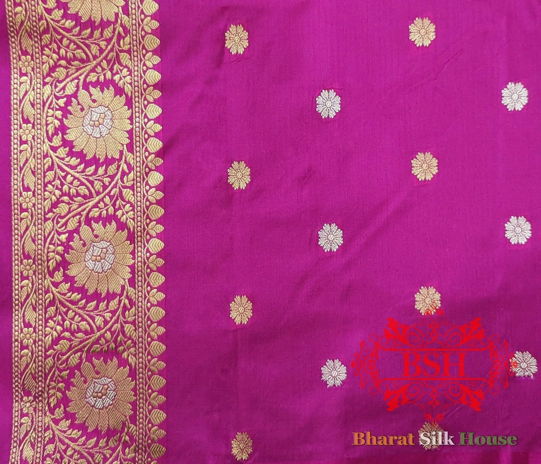 Pure Banarasi Handloom Katan Silk Meenakari Antique Zari Saree In Shades Of Rani - Bharat Silk House Pure Kataan Silk