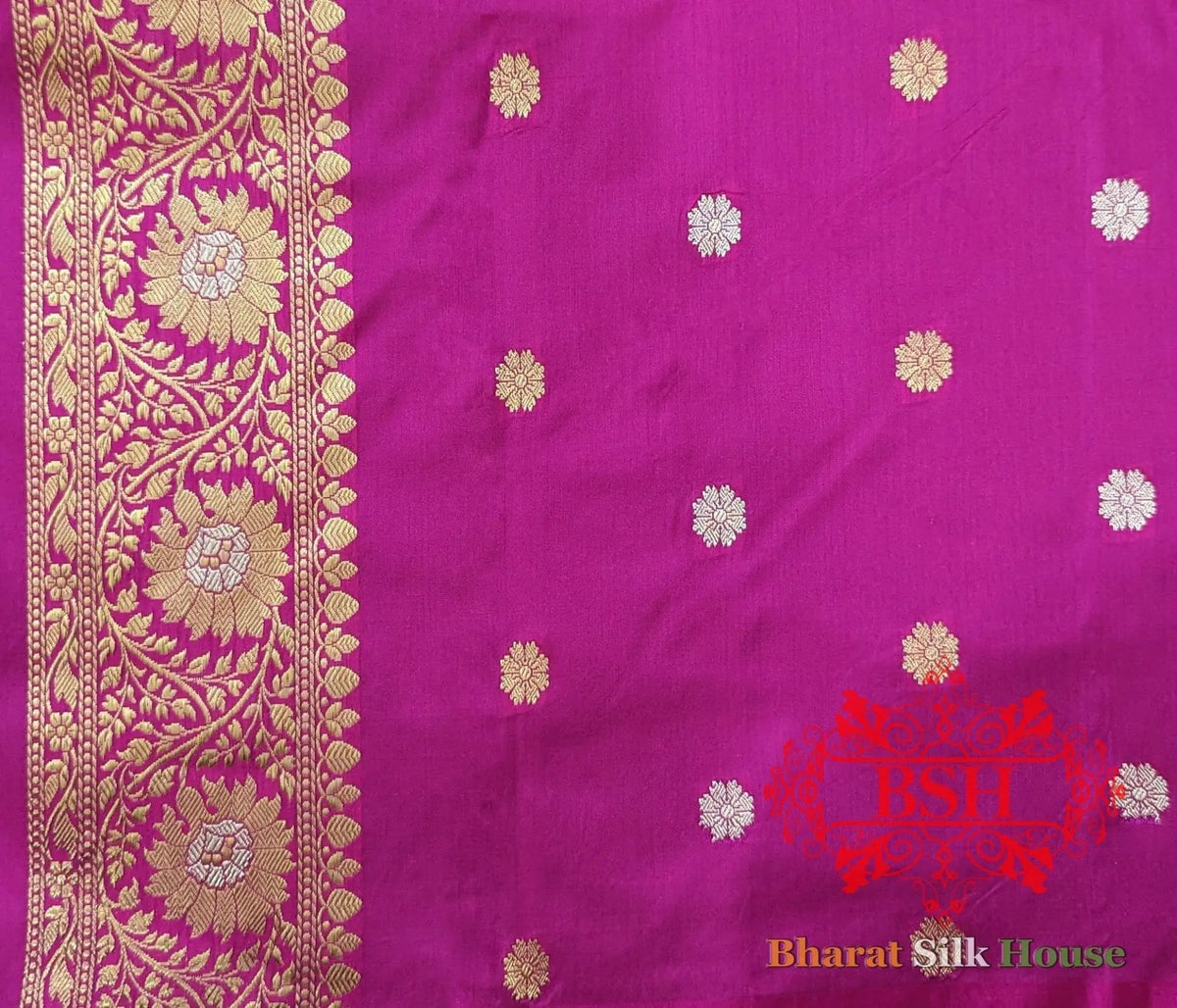 Pure Banarasi Handloom Katan Silk Meenakari Antique Zari Saree In Shades Of Rani - Bharat Silk House Pure Kataan Silk