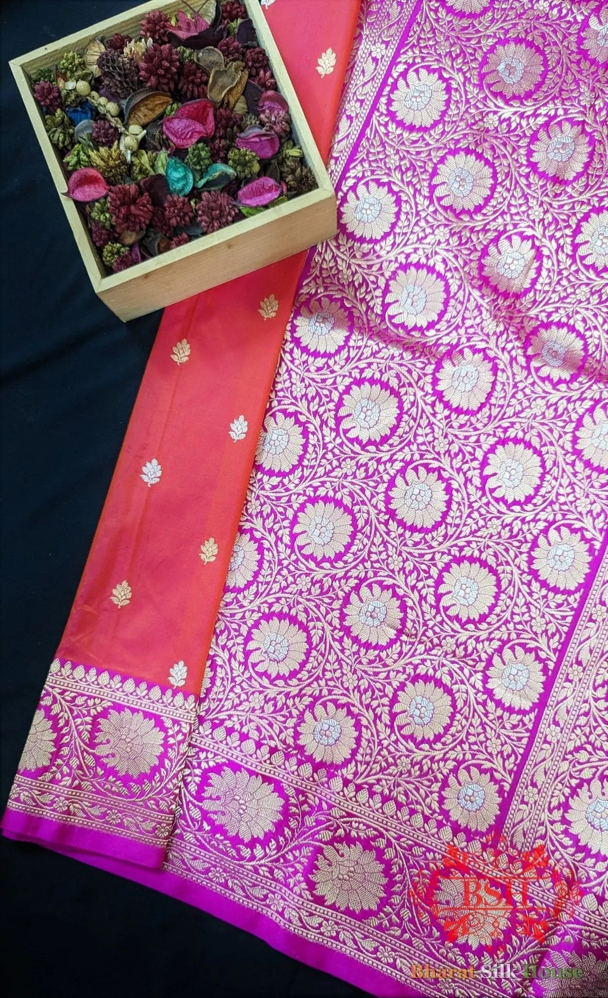 Pure Banarasi Handloom Katan Silk Meenakari Antique Zari Saree In Shades Of Rani - Bharat Silk House Pure Kataan Silk