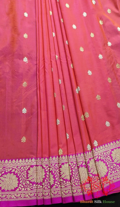 Pure Banarasi Handloom Katan Silk Meenakari Antique Zari Saree In Shades Of Rani - Bharat Silk House Pure Kataan Silk