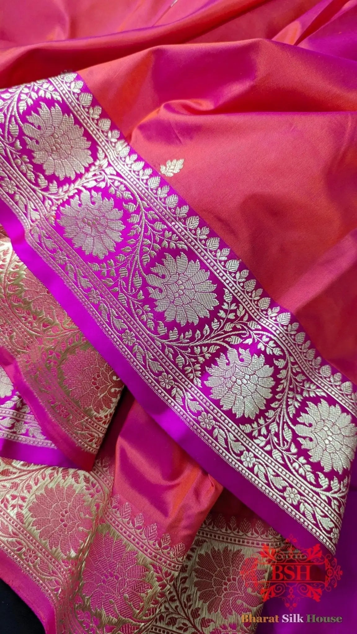 Pure Banarasi Handloom Katan Silk Meenakari Antique Zari Saree In Shades Of Rani - Bharat Silk House Pure Kataan Silk