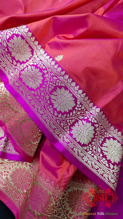 Pure Banarasi Handloom Katan Silk Meenakari Antique Zari Saree In Shades Of Rani - Bharat Silk House Pure Kataan Silk
