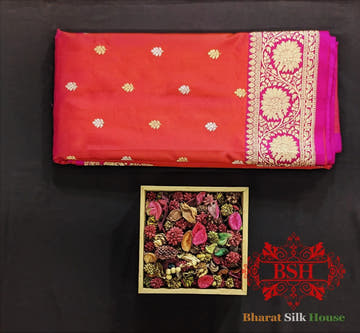 Pure Banarasi Handloom Katan Silk Meenakari Antique Zari Saree In Shades Of Rani - Bharat Silk House Pure Kataan Silk