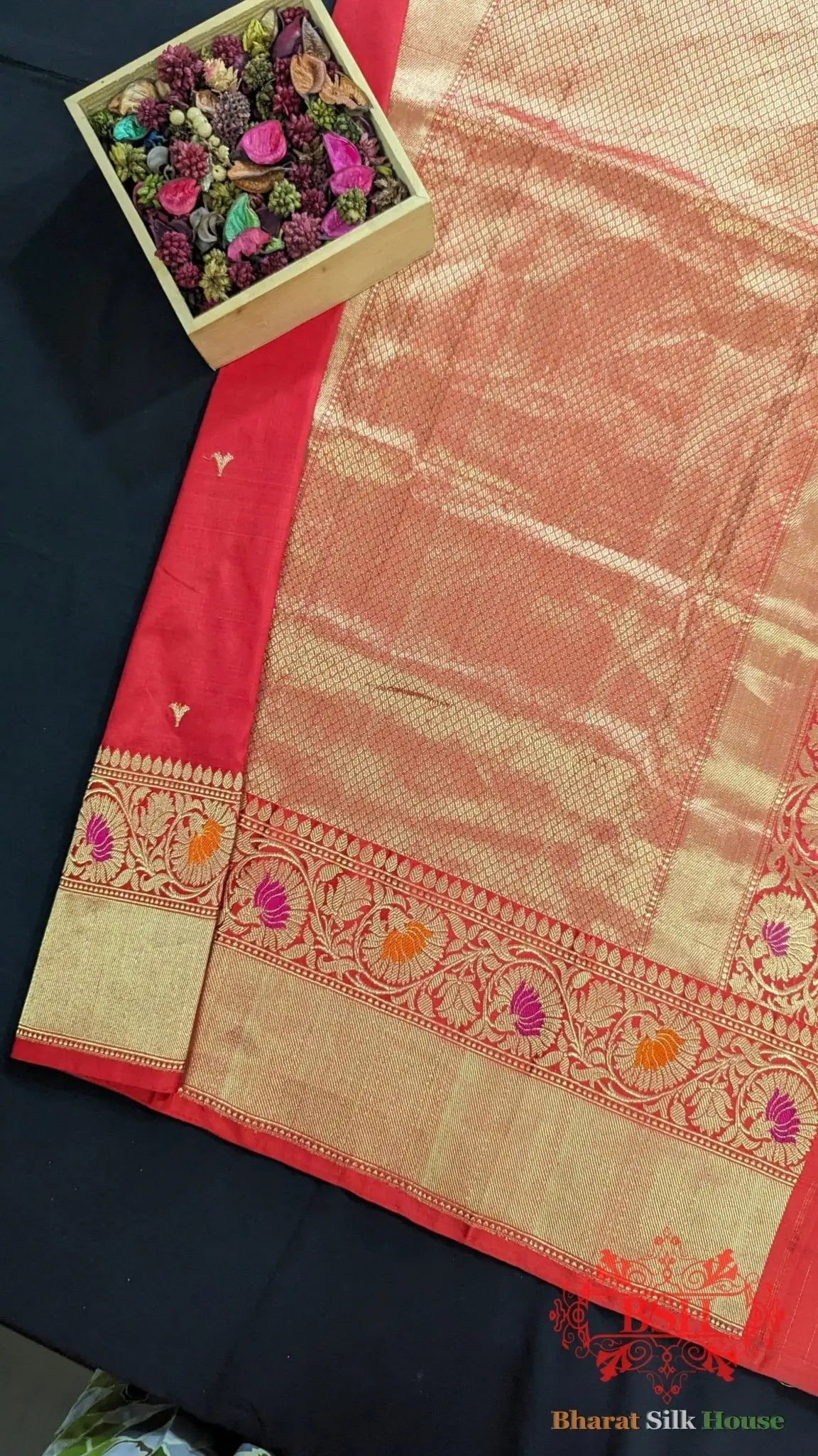 Pure Banarasi Handloom Katan Silk Meenakari Antique Zari Saree In Shades Of Red - Bharat Silk House Pure Kataan Silk