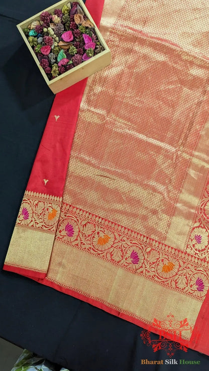 Pure Banarasi Handloom Katan Silk Meenakari Antique Zari Saree In Shades Of Red - Bharat Silk House Pure Kataan Silk