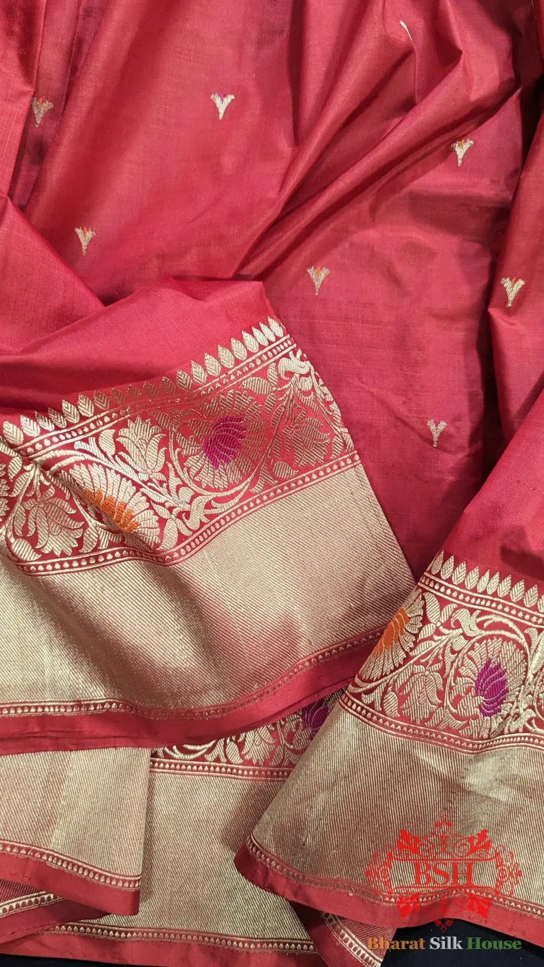 Pure Banarasi Handloom Katan Silk Meenakari Antique Zari Saree In Shades Of Red - Bharat Silk House Pure Kataan Silk