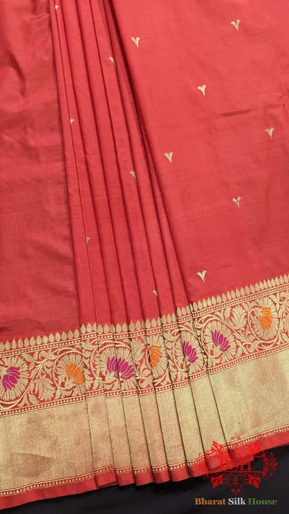Pure Banarasi Handloom Katan Silk Meenakari Antique Zari Saree In Shades Of Red - Bharat Silk House Pure Kataan Silk