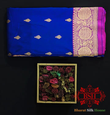 Pure Banarasi Handloom Katan Silk Meenakari Antique Zari Saree In Shades Of Royal Blue - Bharat Silk House Pure Kataan Silk