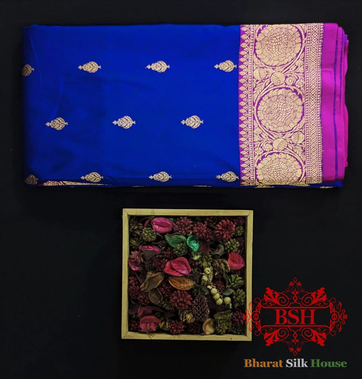 Pure Banarasi Handloom Katan Silk Meenakari Antique Zari Saree In Shades Of Royal Blue - Bharat Silk House Pure Kataan Silk