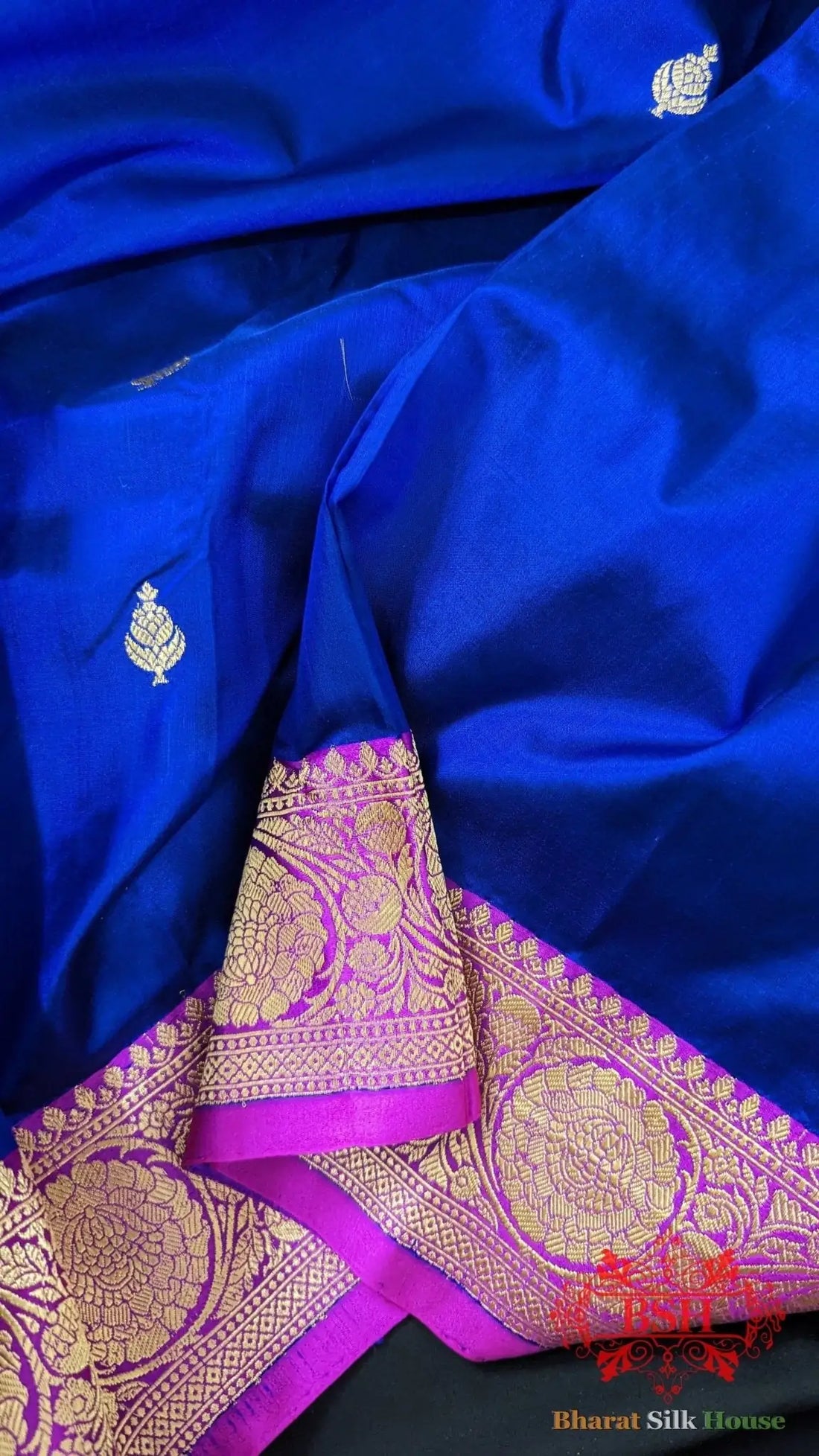 Pure Banarasi Handloom Katan Silk Meenakari Antique Zari Saree In Shades Of Royal Blue - Bharat Silk House Pure Kataan Silk