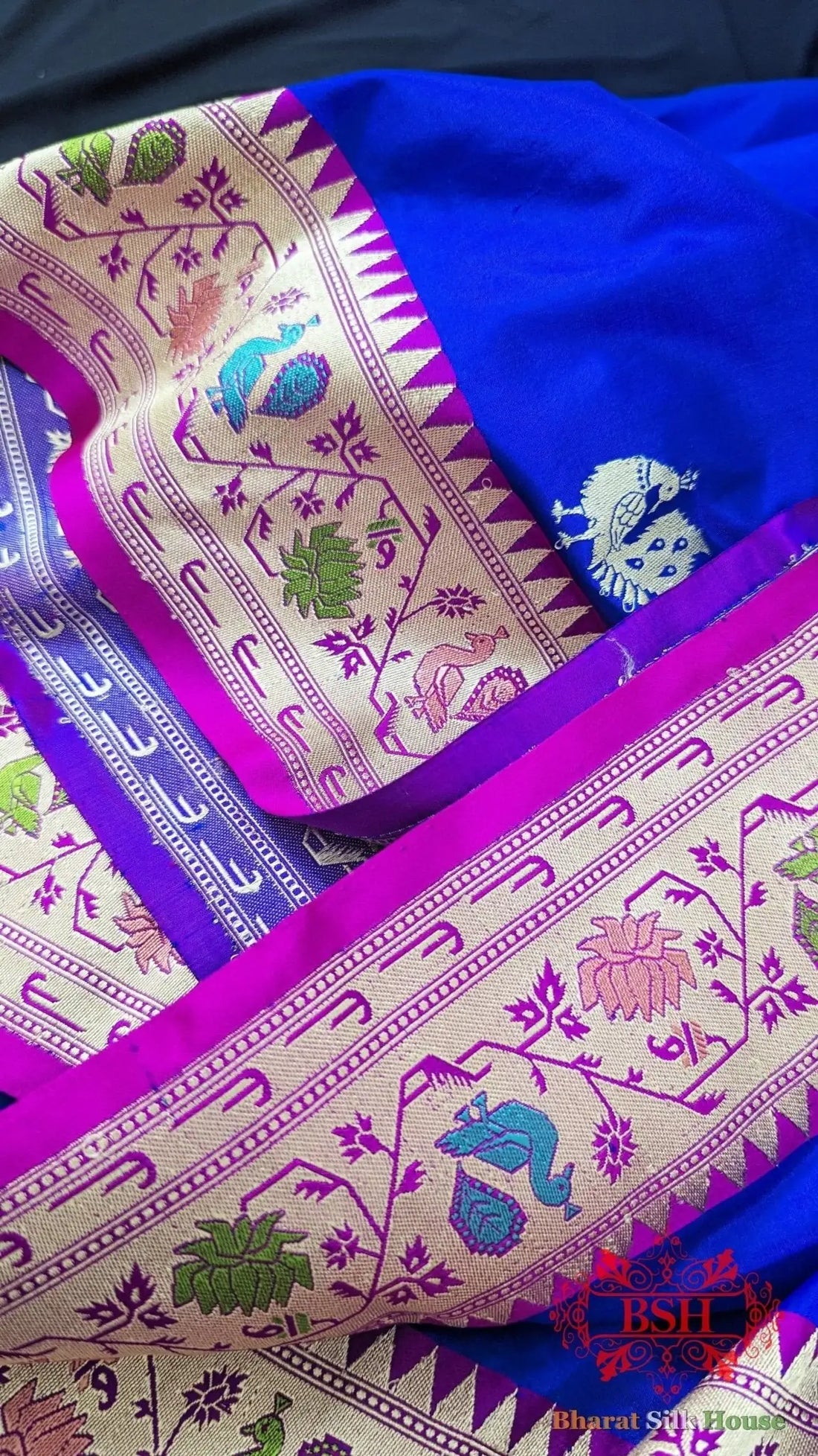 Pure Banarasi Handloom Katan Silk Meenakari Antique Zari Saree In Shades Of Royal Blue - Bharat Silk House Pure Kataan Silk