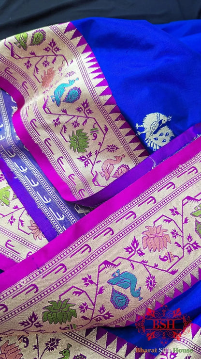 Pure Banarasi Handloom Katan Silk Meenakari Antique Zari Saree In Shades Of Royal Blue - Bharat Silk House Pure Kataan Silk