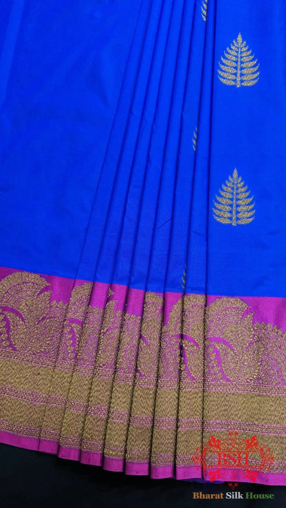 Pure Banarasi Handloom Katan Silk Meenakari Antique Zari Saree In Shades Of Royal Blue - Bharat Silk House Pure Kataan Silk