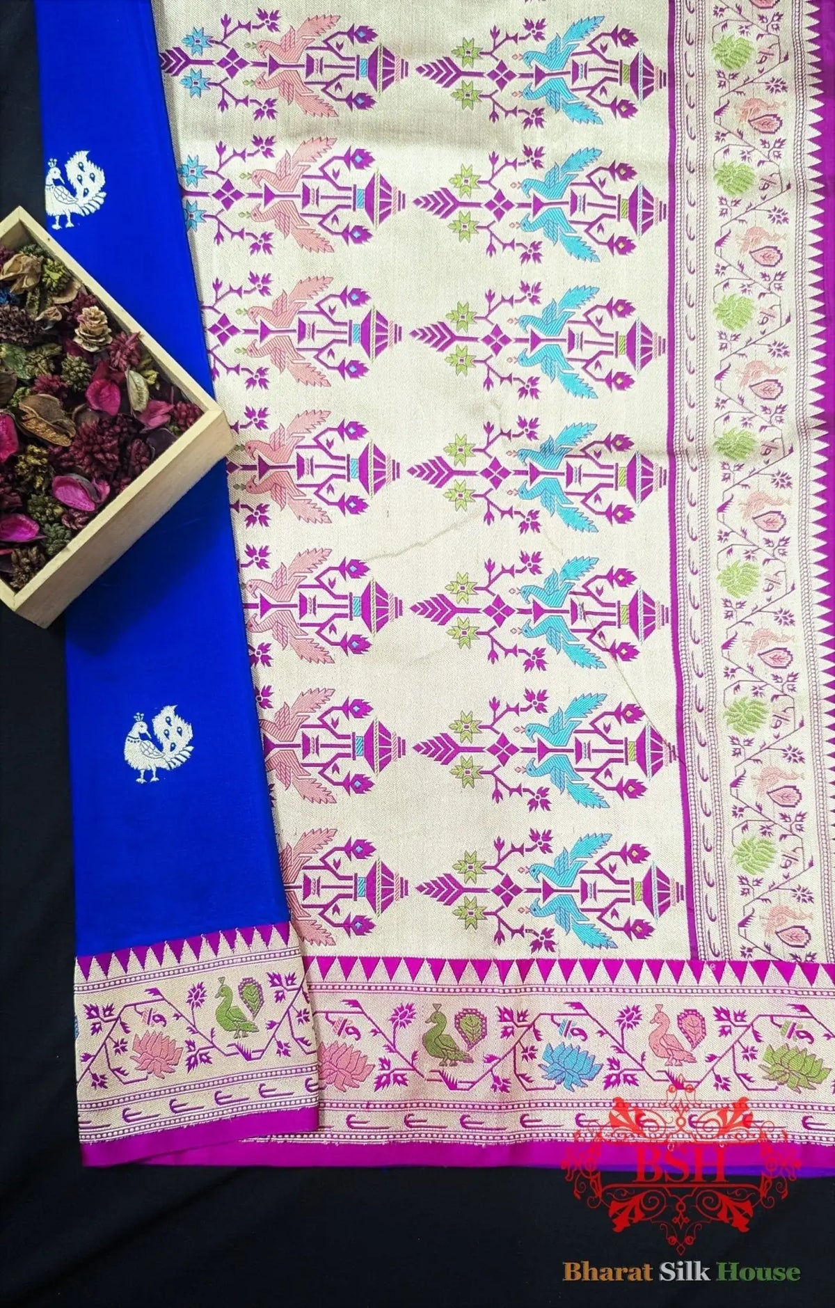 Pure Banarasi Handloom Katan Silk Meenakari Antique Zari Saree In Shades Of Royal Blue - Bharat Silk House Pure Kataan Silk