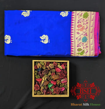 Pure Banarasi Handloom Katan Silk Meenakari Antique Zari Saree In Shades Of Royal Blue - Bharat Silk House Pure Kataan Silk