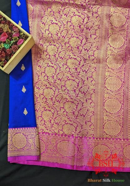 Pure Banarasi Handloom Katan Silk Meenakari Antique Zari Saree In Shades Of Royal Blue - Bharat Silk House Pure Kataan Silk