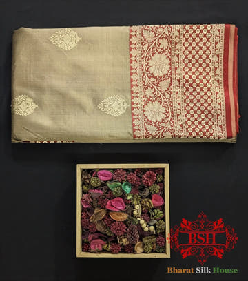 Pure Banarasi Handloom Katan Silk Meenakari Antique Zari Saree In Shades Of Tortilla Brown - Bharat Silk House Pure Kataan Silk