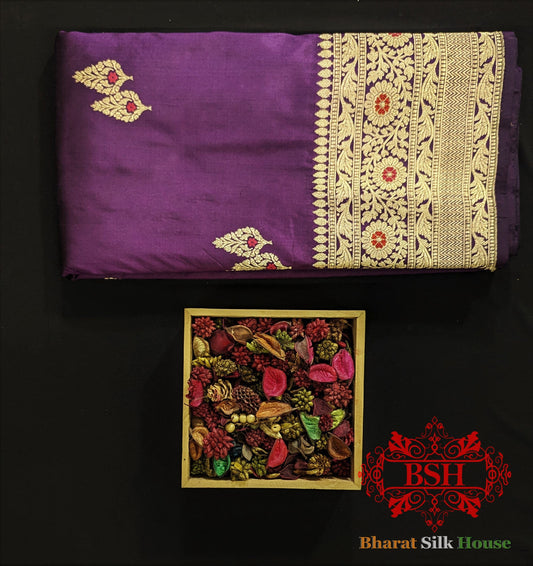 Pure Banarasi Handloom Katan Silk Meenakari Antique Zari Saree In Shades Of Violet - Bharat Silk House