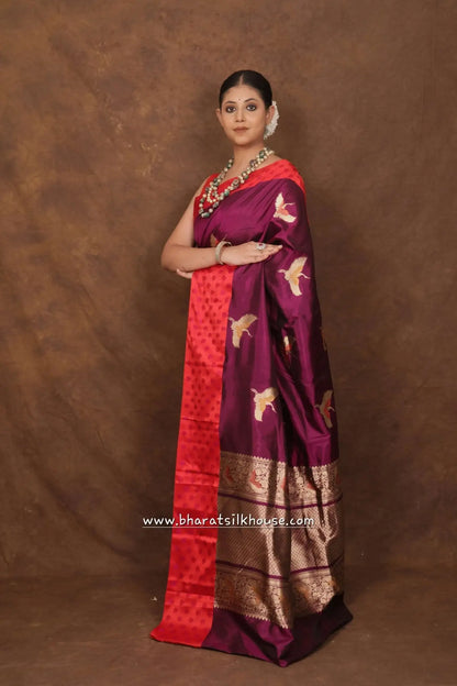 Pure Banarasi Handloom Katan Silk Meenakari Antique Zari Saree In Shades Of Violet - Bharat Silk House Pure Kataan Silk