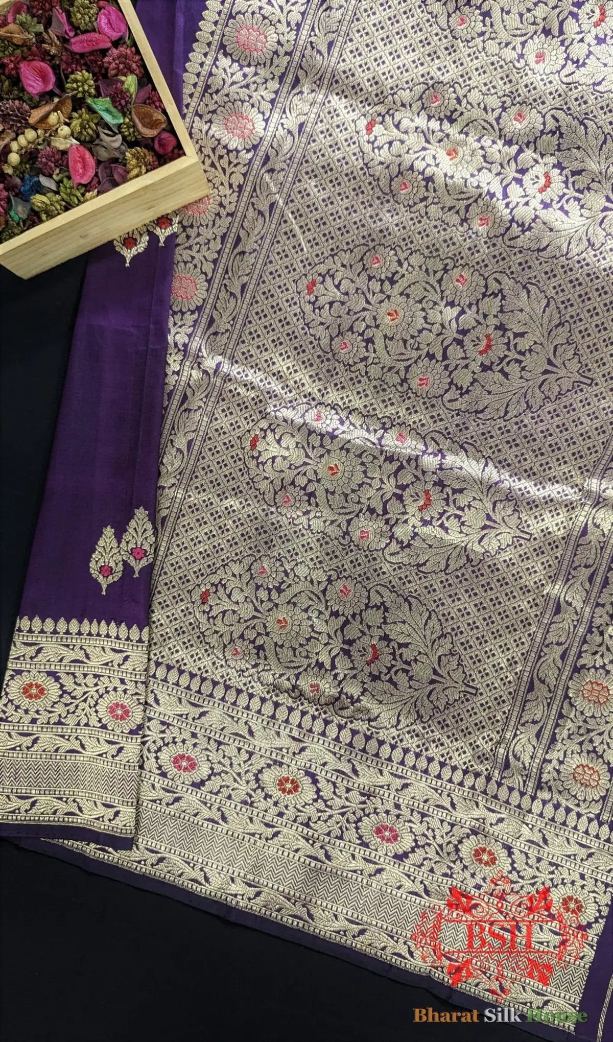 Pure Banarasi Handloom Katan Silk Meenakari Antique Zari Saree In Shades Of Violet - Bharat Silk House Pure Kataan Silk