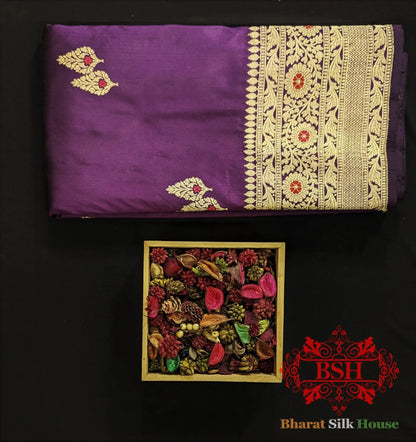 Pure Banarasi Handloom Katan Silk Meenakari Antique Zari Saree In Shades Of Violet - Bharat Silk House Pure Kataan Silk