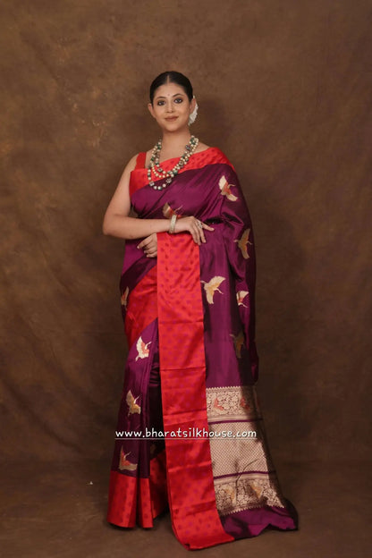 Pure Banarasi Handloom Katan Silk Meenakari Antique Zari Saree In Shades Of Violet - Bharat Silk House Pure Kataan Silk