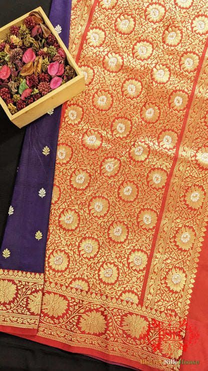 Pure Banarasi Handloom Katan Silk Meenakari Antique Zari Saree In Shades Of Violet - Bharat Silk House Pure Kataan Silk
