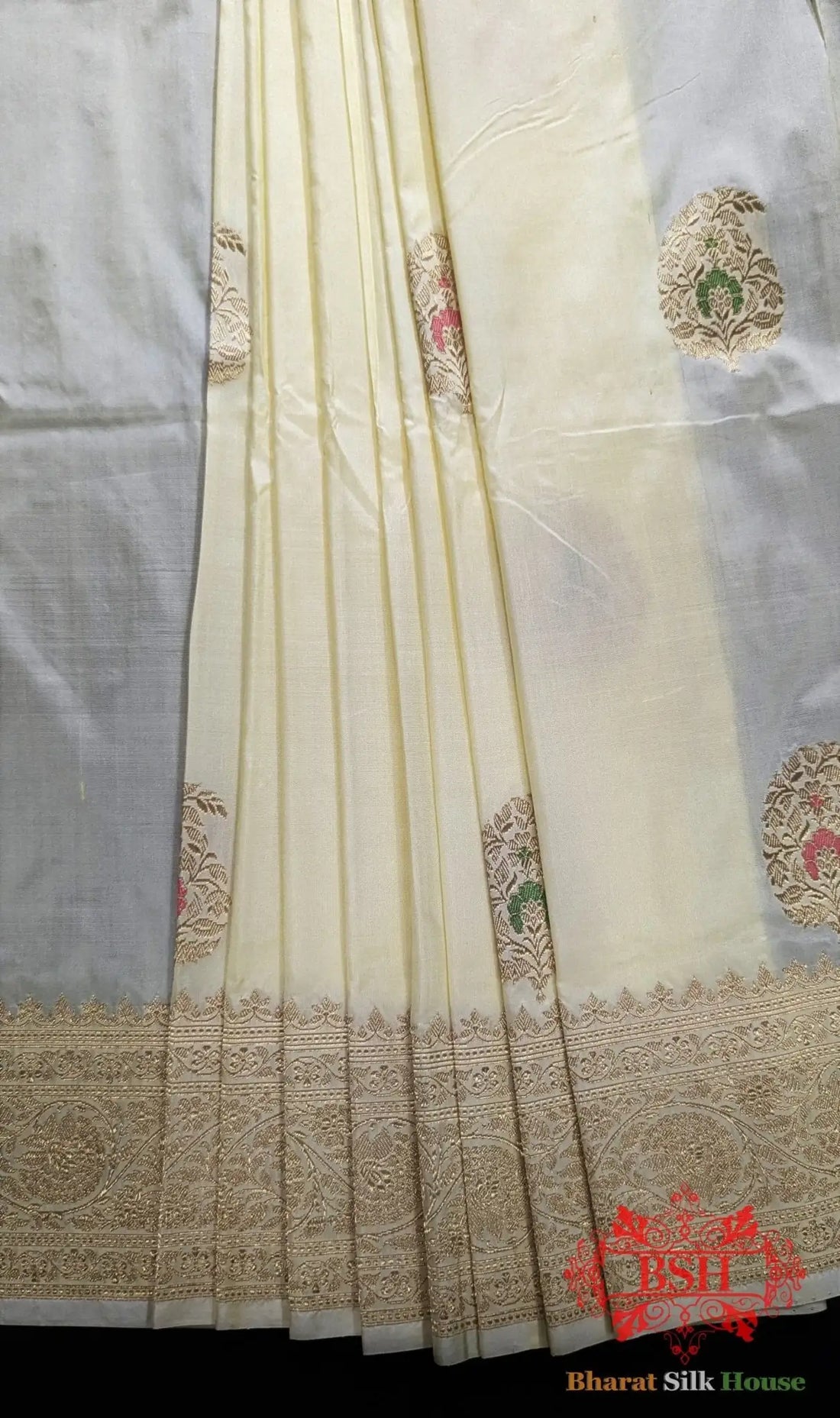 Pure Banarasi Handloom Katan Silk Meenakari Antique Zari Saree In Shades Of White - Bharat Silk House Pure Kataan Silk