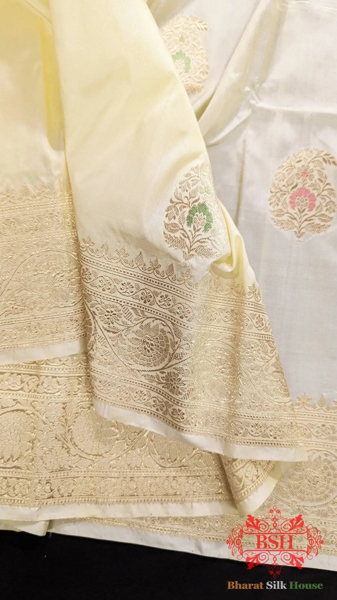 Pure Banarasi Handloom Katan Silk Meenakari Antique Zari Saree In Shades Of White - Bharat Silk House Pure Kataan Silk