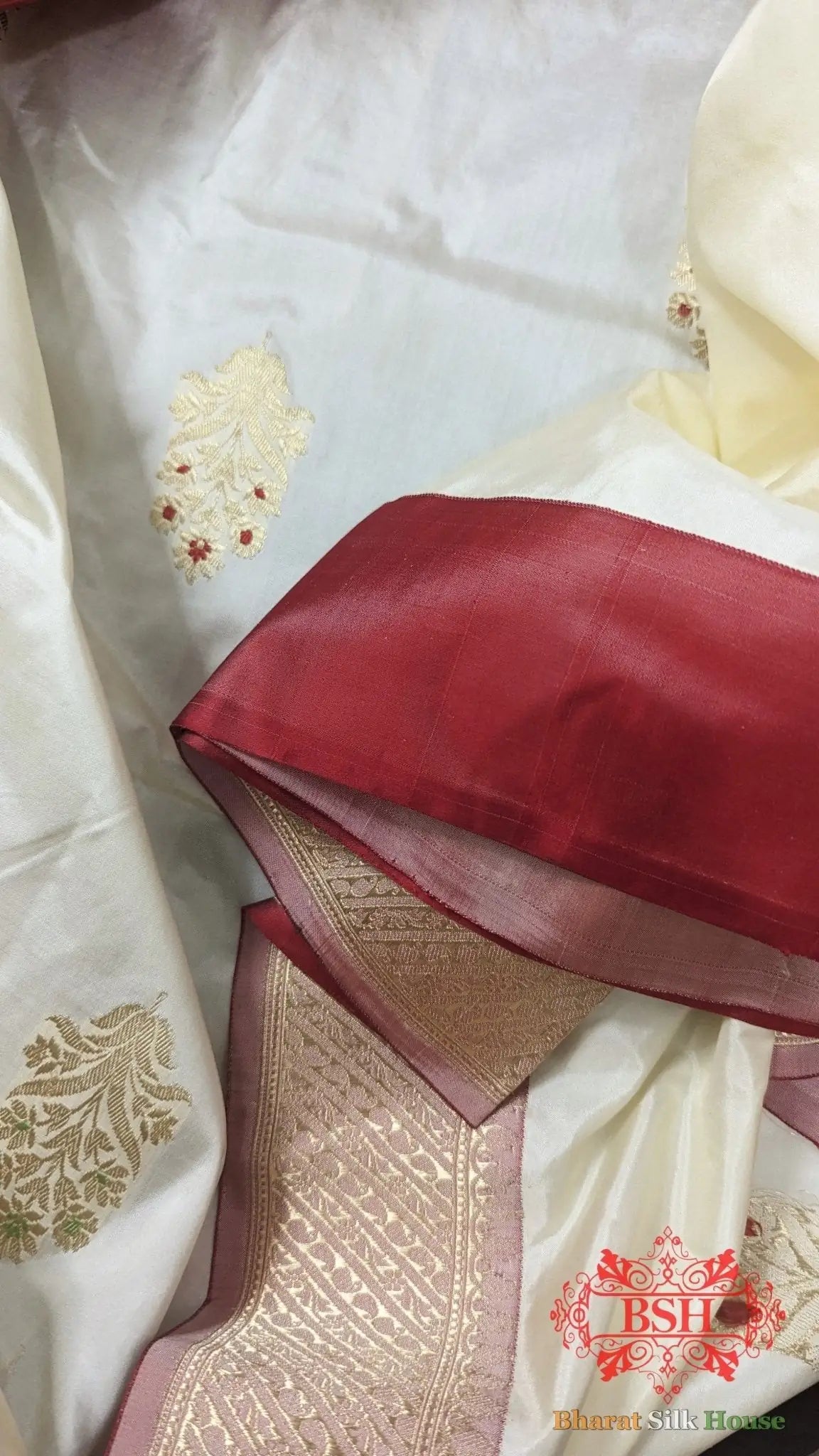 Pure Banarasi Handloom Katan Silk Meenakari Antique Zari Saree In Shades Of White - Bharat Silk House Pure Kataan Silk