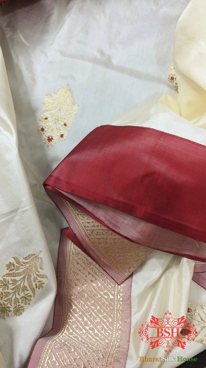 Pure Banarasi Handloom Katan Silk Meenakari Antique Zari Saree In Shades Of White - Bharat Silk House Pure Kataan Silk