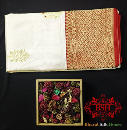 Pure Banarasi Handloom Katan Silk Meenakari Antique Zari Saree In Shades Of White - Bharat Silk House Pure Kataan Silk