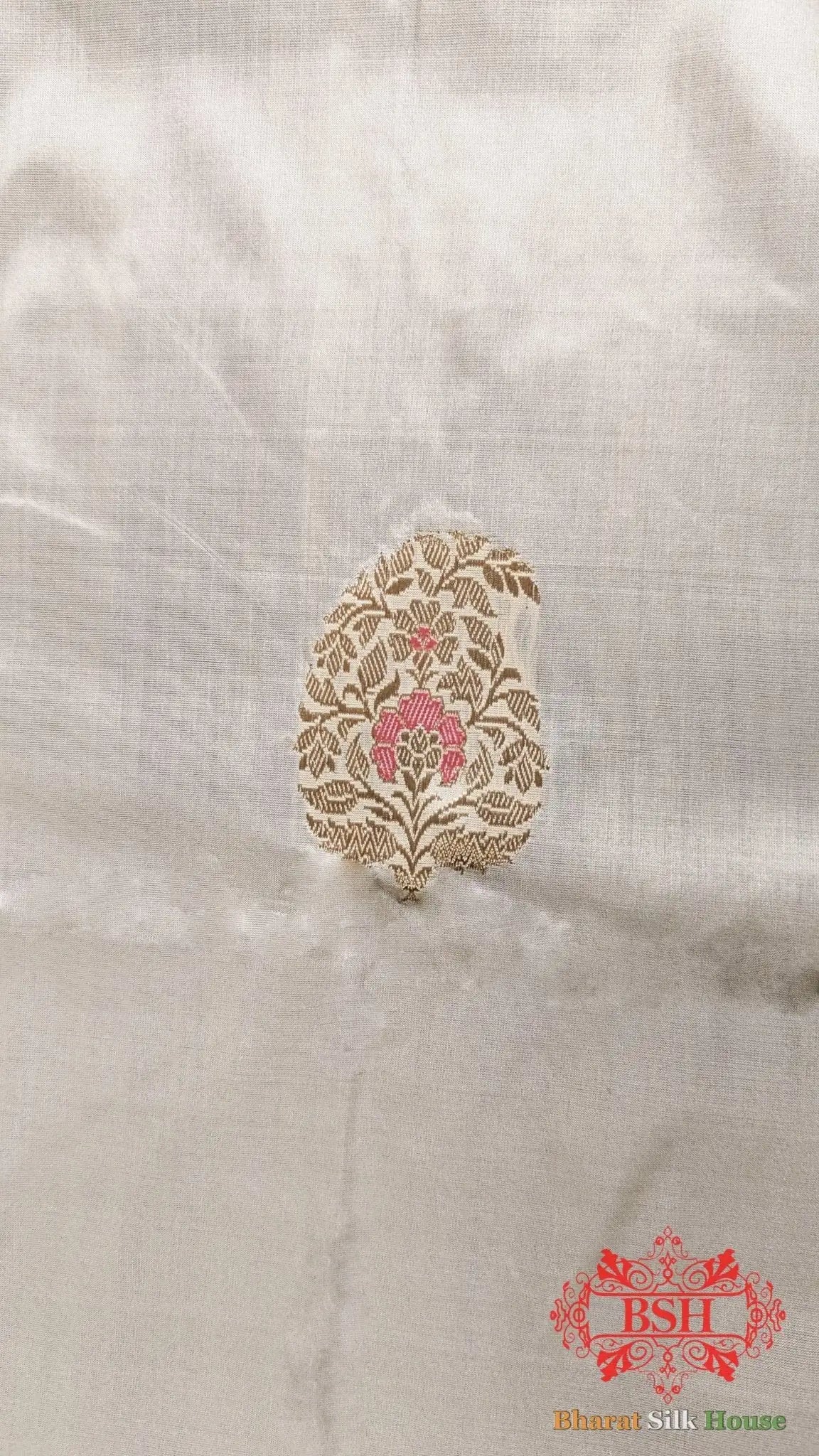 Pure Banarasi Handloom Katan Silk Meenakari Antique Zari Saree In Shades Of White - Bharat Silk House Pure Kataan Silk