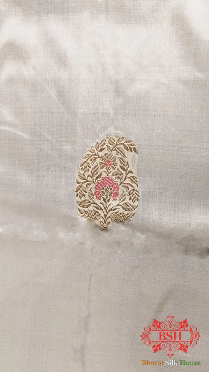 Pure Banarasi Handloom Katan Silk Meenakari Antique Zari Saree In Shades Of White - Bharat Silk House Pure Kataan Silk
