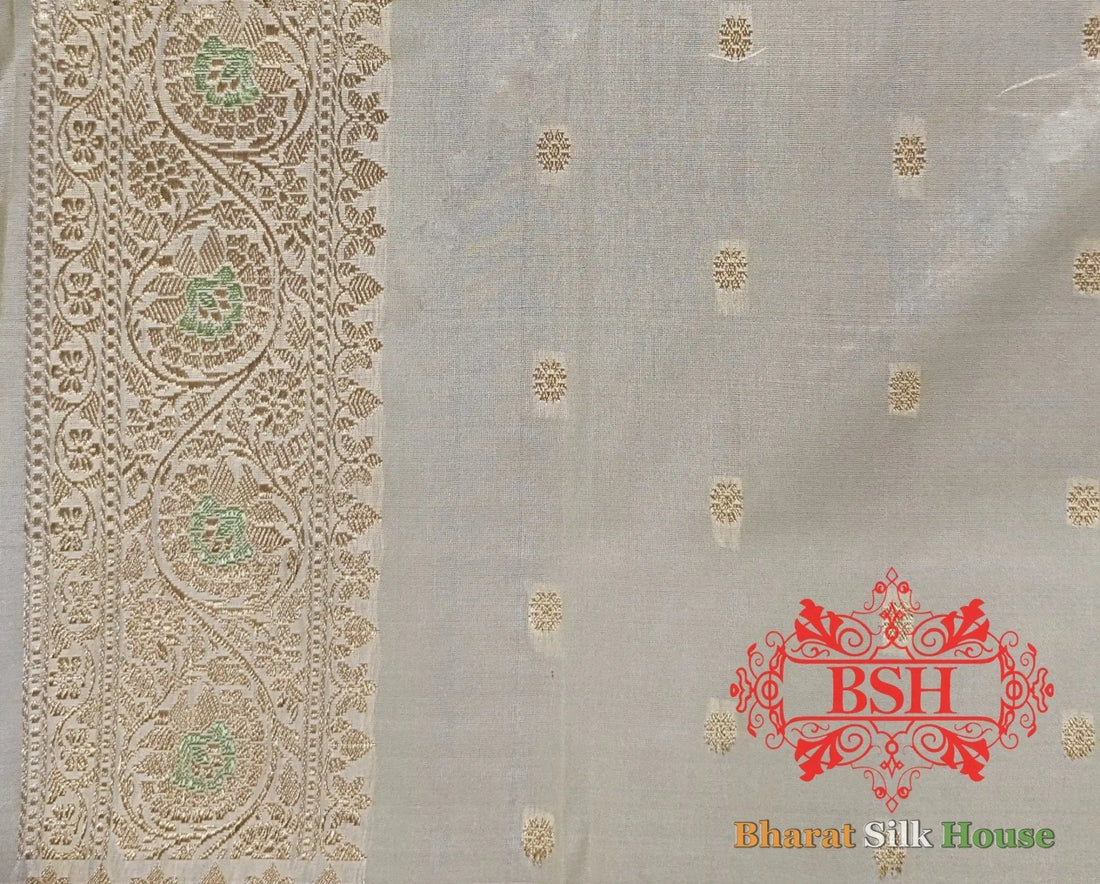 Pure Banarasi Handloom Katan Silk Meenakari Antique Zari Saree In Shades Of White - Bharat Silk House Pure Kataan Silk