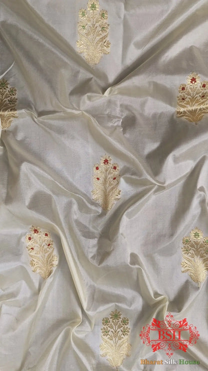 Pure Banarasi Handloom Katan Silk Meenakari Antique Zari Saree In Shades Of White - Bharat Silk House Pure Kataan Silk