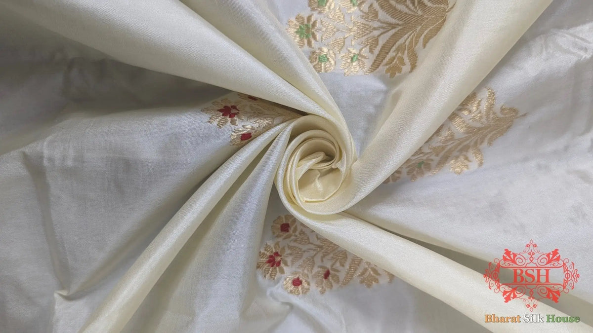 Pure Banarasi Handloom Katan Silk Meenakari Antique Zari Saree In Shades Of White - Bharat Silk House Pure Kataan Silk