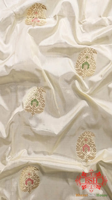 Pure Banarasi Handloom Katan Silk Meenakari Antique Zari Saree In Shades Of White - Bharat Silk House Pure Kataan Silk
